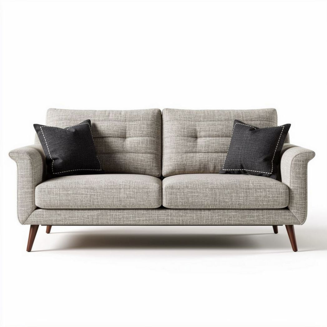 Divano grigio con cuscini neri in tessuto dimensioni 200 x 90 x 85cm