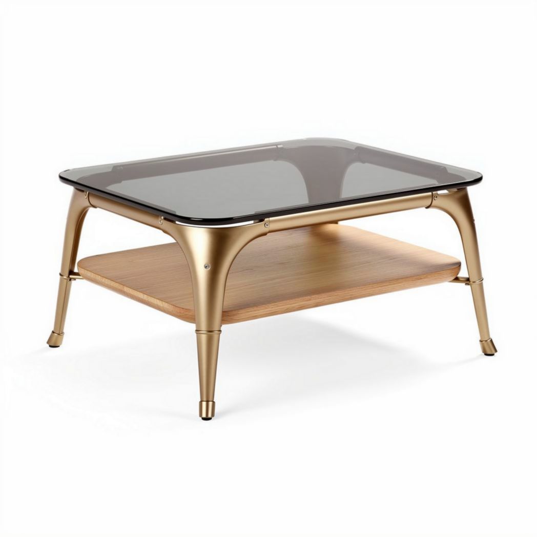 Tavolino da caffè in vetro nero e legno con ripiano sottostante 80 x 60 x 40cm